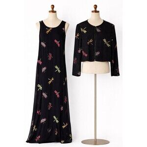 Vintage New Options Butterfly Dragonfly Maxi Dress Jacket Beaded Sequin Medium
